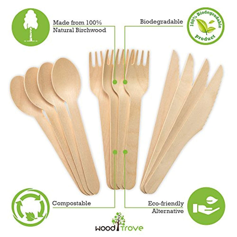 Wooden Disposable Utensils Set 100 Forks 50 Spoons 50 Knives Wood Cutlery Eco Friendly Compostable Biodegradable Silverware Party Flatware Kitchen Serving Eating...