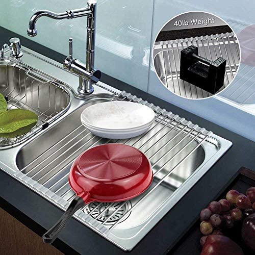 Miligore Over Sink Dish Drying Rack 21 inches x 16 inches, 304 Stainless Steel Large Sink Rack Dish Drainers Rack, Foldable, Rollable and Easy to Store, Black