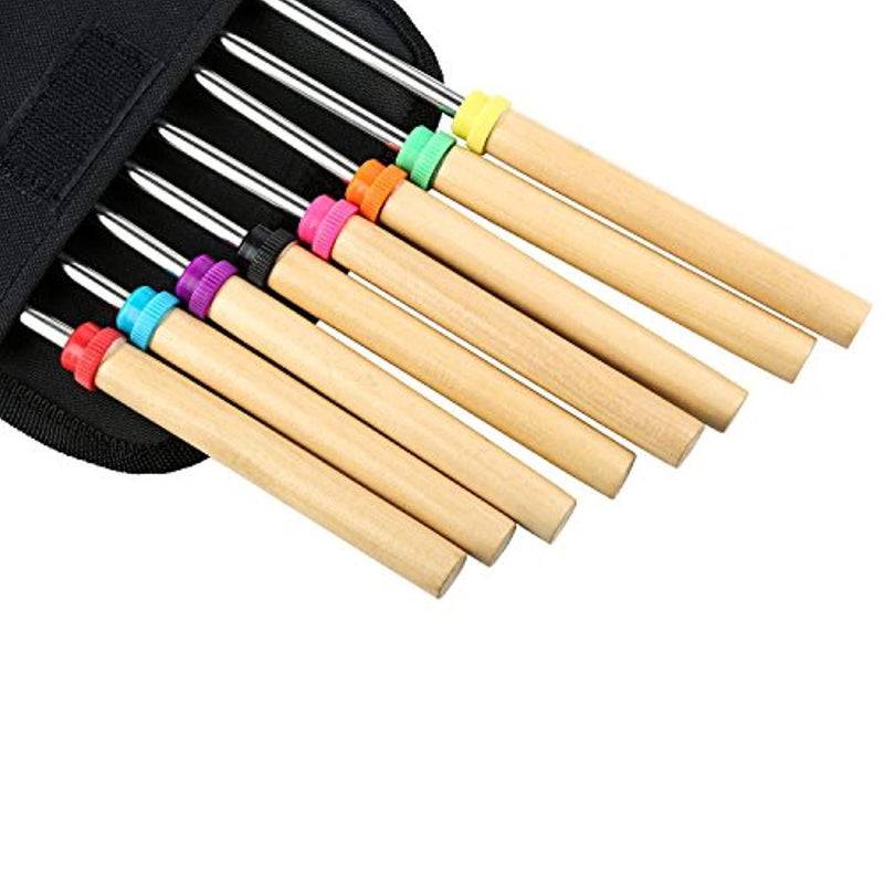 Sachelio Marshmallows BBQ Sticks Stainless Steel Retractable Wood Handle 32-inch Portable Barbecue fork（Set of 8）