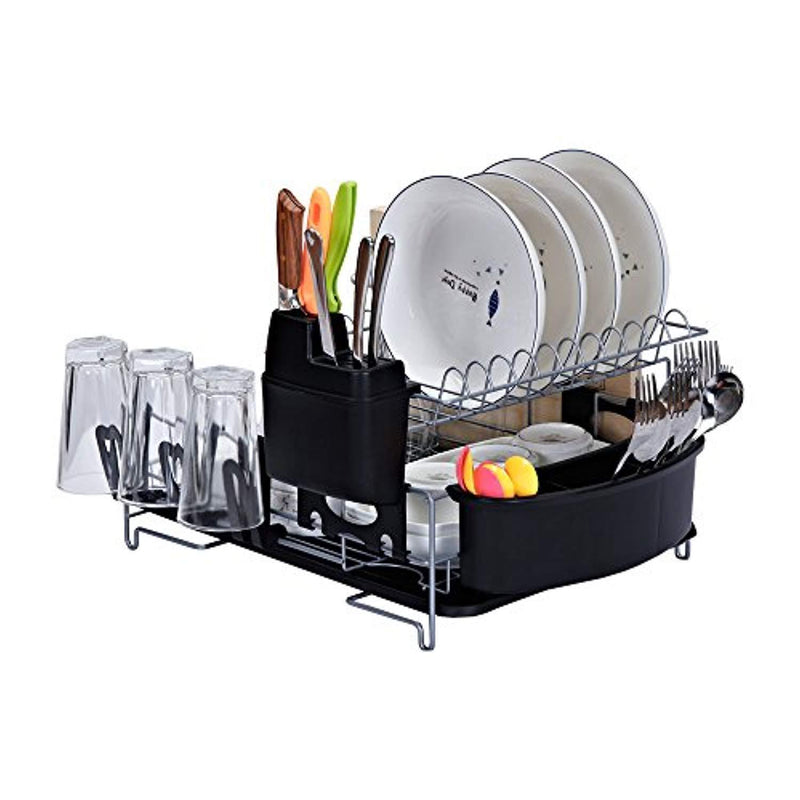 UTOKIA Kitchen Stainless Steel 2-Tier Dish Rack with Drainboard,Utensil, Knife, 3 Cup Holder, Cutting Board Attachment, Large Silver