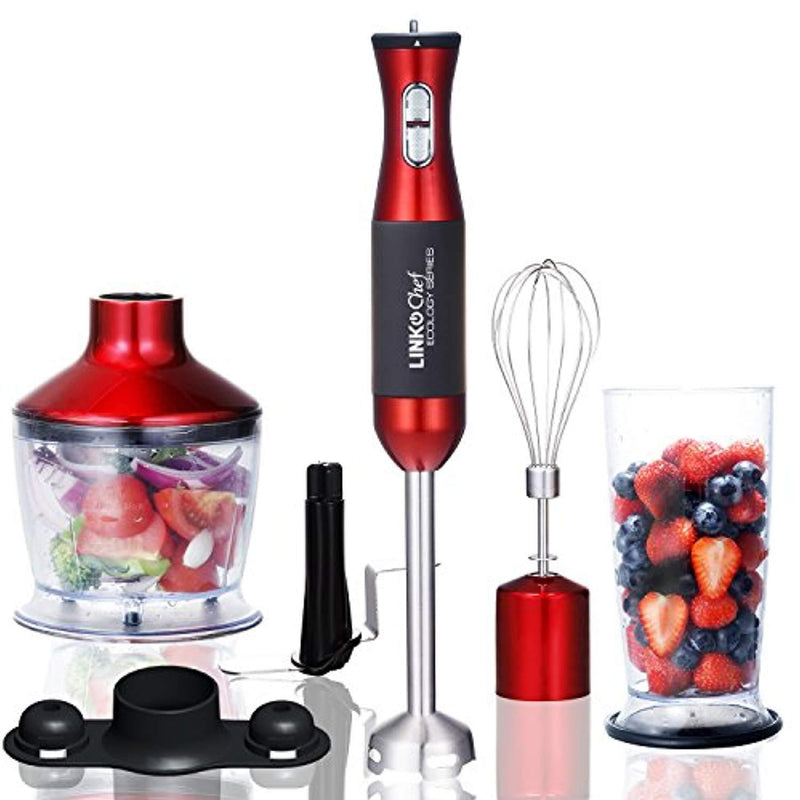 Immersion Blender LINKChef 4-in-1 Hand Blender Stick Powerful Low Noise Large 800ml Beaker, Stainless Steel Whisk and 500ml Food Chopper, BPA-Free&FDA, Red/Black(HB-1230)-3 Years Warranty (Red and black)