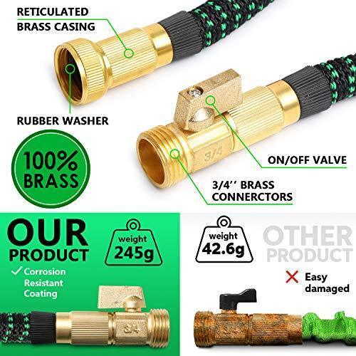 Expandable Garden Hose, 100 FT Lightweight Water Hose, 9 Functions Sprayer with Double Latex Core, Green Black Expandable Hose with 3/4" Solid Brass Fittings, Extra Strength Fabric