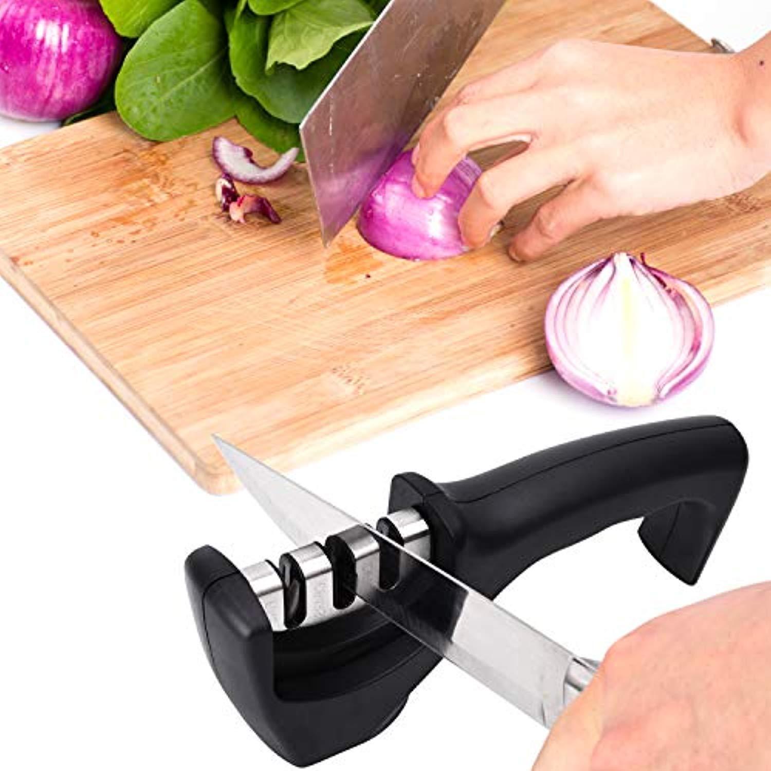 Knife Sharpener, Kitchen Knife Sharpener, 3-Stage Profession Knife Sharpening Tool, Helps Repair, Restore and Polish Blades, Ergonomic Design and Safe to Use