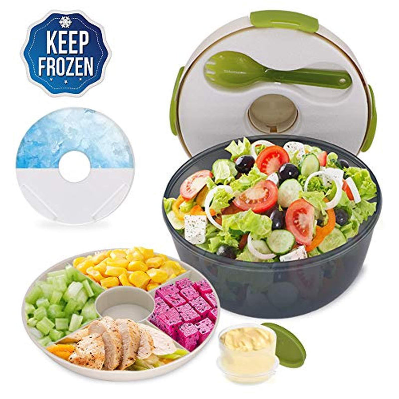 CHAUDER Reusable Salad Container To Go for Lunch with Dressing Dispenser and Ice Pack, 5 Cup Large Capacity Mixing Bowl, PVC, BPA-Free, FDA Passed, Perfect for Women, Men, Kids, With Fork