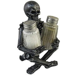 Scary Skeleton Glass Salt and Pepper Shaker Set with Decorative Spice Rack Display Stand Holder Figurine for Spooky Halloween Party Decorations and Skulls & Skeletons Kitchen Decor Table Centerpiece Sculptures As Medieval or Gothic Gifts