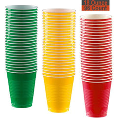 Sun & Sprouts 18 oz Party Cups, 96 Count - Festive Green, Sunshine Yellow, Red - 32 Each Color