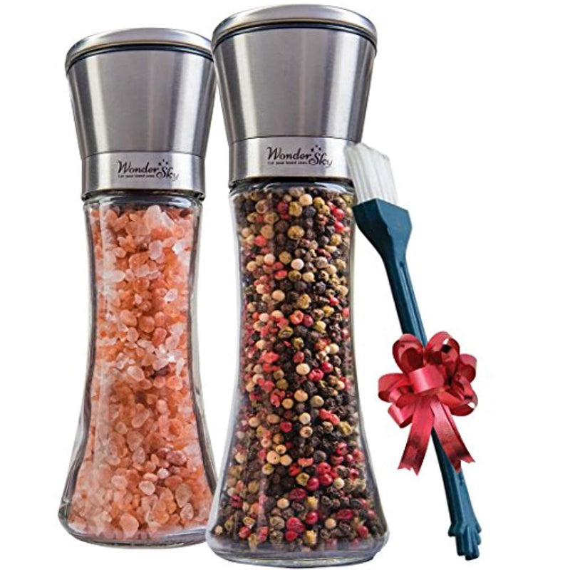 Salt and Pepper Grinder Set of 2 - Tall Salt and Pepper Shakers with Adjustable Coarseness by Ceramic Rotor - Stainless Steel Pepper Mill Shaker and Salt Grinders Mills Set with FREE Cleaning Brush