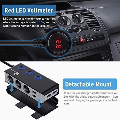 3-Socket Cigarette Lighter Quick Charge 3.0, Qidoe 120W 12V/24V Car Splitter and Three 2.4A USB Car Charger & LED Voltmeter Power Switch for GPS, Dash Cam, Sat Nav, Phone, iPad, Tablet (Blue)