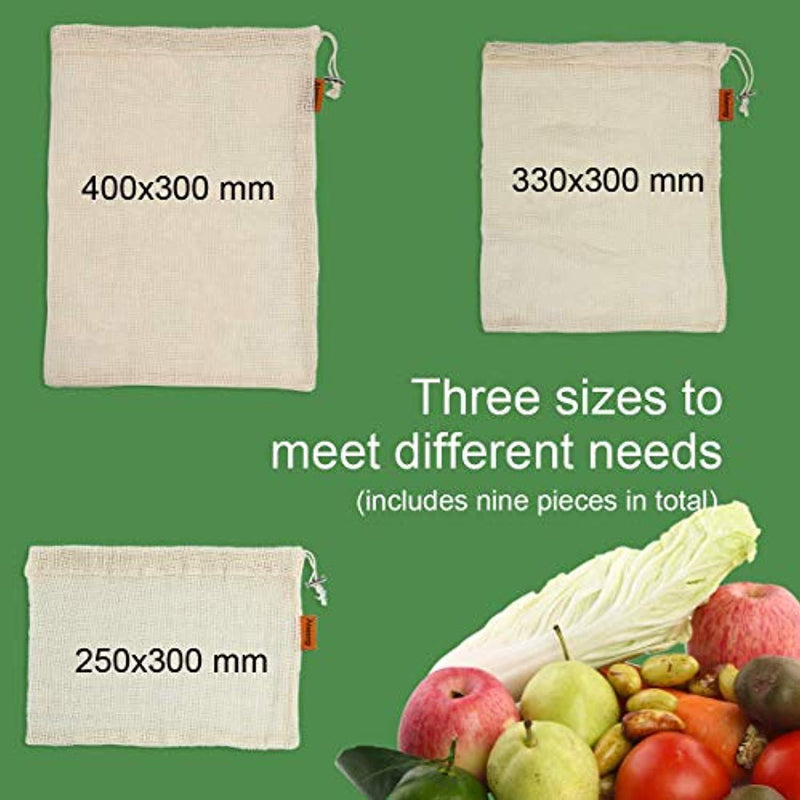 Reusable Produce Bags, Aiseeny Grocery Bags for Fruits, Vegetable, Food, Storage - Organic Cotton Mesh Bag with Drawstring, Tare Weight on Label, Washable - Zero Waste Reusable Shopping Bags 9 Pack