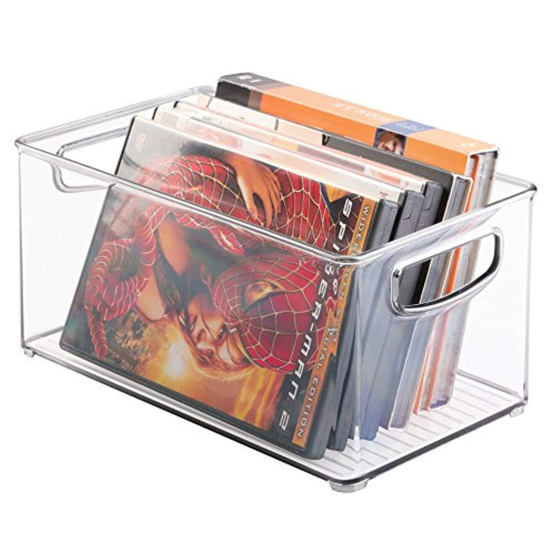 mDesign Plastic Stackable Household Storage Organizer Container Bin Box with Handles - for Media Consoles, Closets, Cabinets - Holds DVD's, Video Games, Gaming Accessories, Head Sets - 4 Pack - Clear