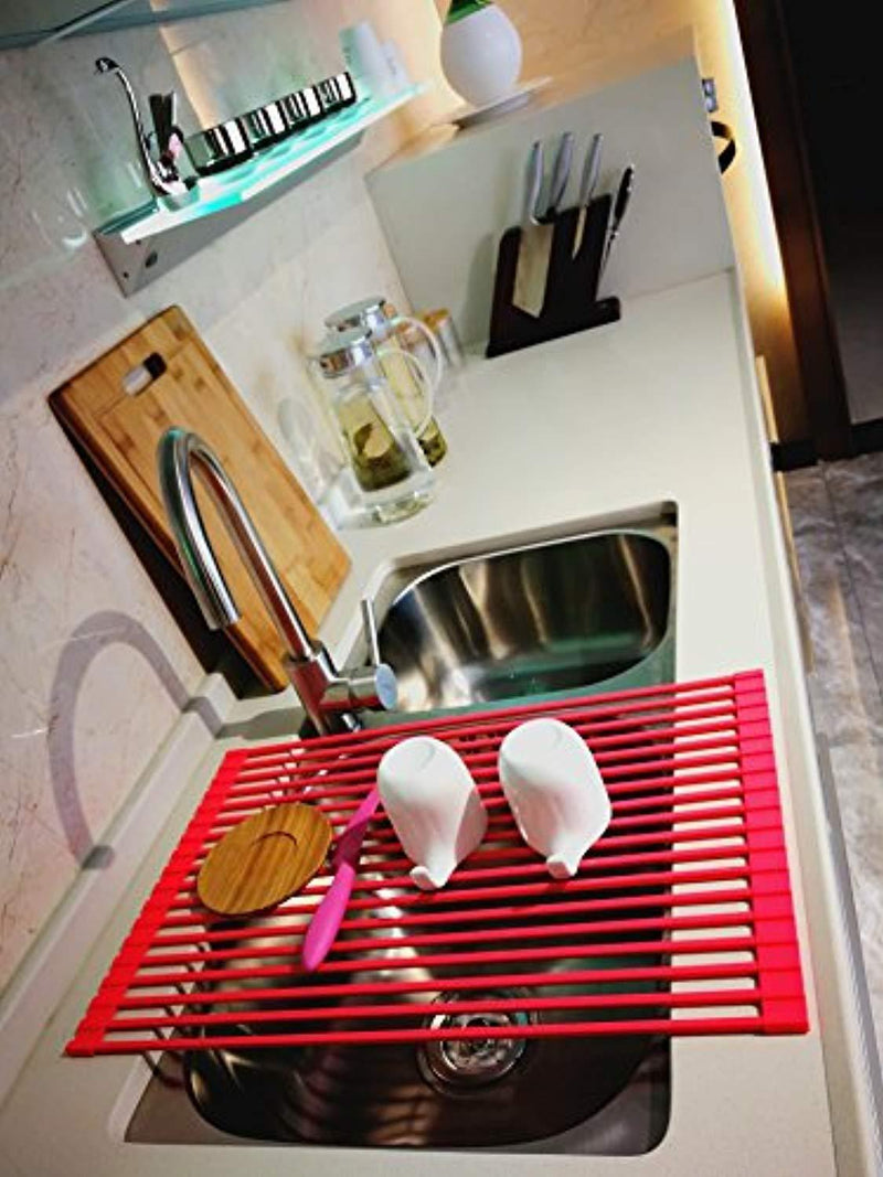 Leasen Over Sink Silicone Roll-up Dish Drying Rack Dish Drainer Tray(Square rob)(4 Color) (Red)