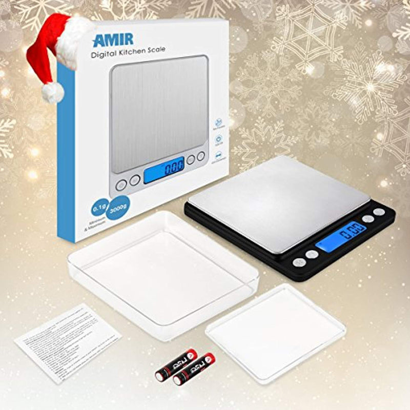 AMIR Digital Kitchen Scale, 500g/0.01g Mini Pocket Jewelry Scale, Cooking Food Scale with Backlit LCD Display, 2 Trays, 6 Units, Auto Off, Tare, PCS Function, Stainless Steel, Battery Included, Black