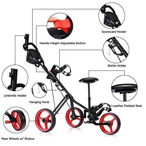 Tangkula Golf PushCart Swivel Foldable 3 Wheel Push Pull Cart Golf Trolley with Seat Scoreboard Bag Golf Push Cart