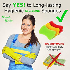 Miracle Market Silicone Dish Sponge 4.72 x 2.75 x 0.62 inch, 3 Pack | Gentle and Hygienic Kitchen Silicone Sponge for Non-Scratch Dish Washing, Cleaning | Colorful Multipurpose Dish Scrubber