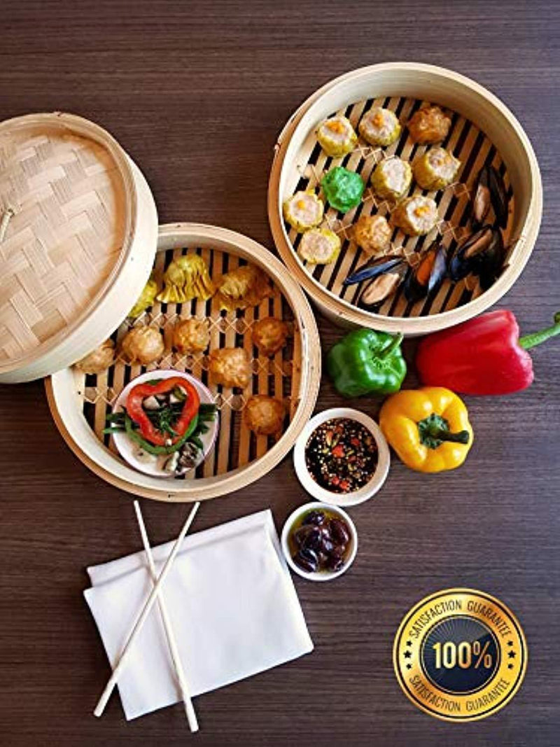 Mister Kitchenware 10 Inch Handmade Bamboo Steamer, 2 Tier Baskets, Healthy Cooking for Vegetables, Dim Sum Dumplings, Buns, Chicken Fish & Meat Included Chopsticks, 10 Liners & Sauce Dish