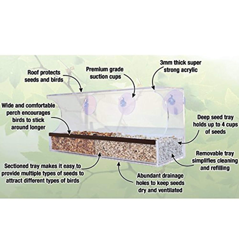 Sparrow Decor GB-6850 Deluxe Clear Window Bird Feeder, Large Wild Birdfeeder with Drain Holes, Removable Tray, Super Strong Suction Cups, Transparent Viewing, Covered, High Seed Capacity, Rubber Perch