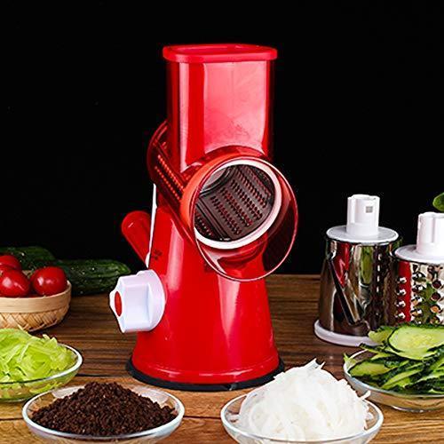 Vegetable Mandoline Chopper,Upintek 3-Blades Manual Vegetable Slicer,Efficient and Fast Vegetable Fruit Cutter Cheese Shredder, Speedy Rotary Drum Grater Slicer with Strong-Hold Suction Cup(Red)