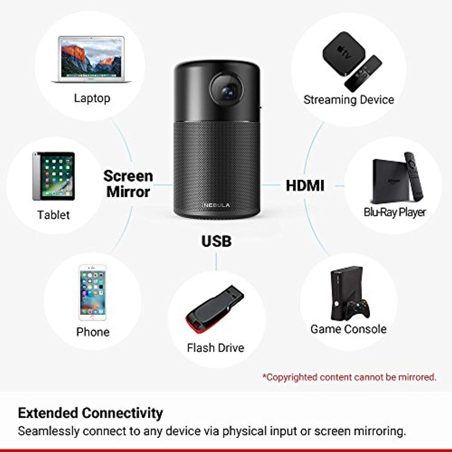 Nebula Capsule Smart Mini Projector, by Anker, Portable 100 ANHC lm High-Contrast Pocket Cinema with Wi-Fi, DLP, 360° Speaker, 100" Picture, Android 7.1, 4-Hour Video Playtime, and App