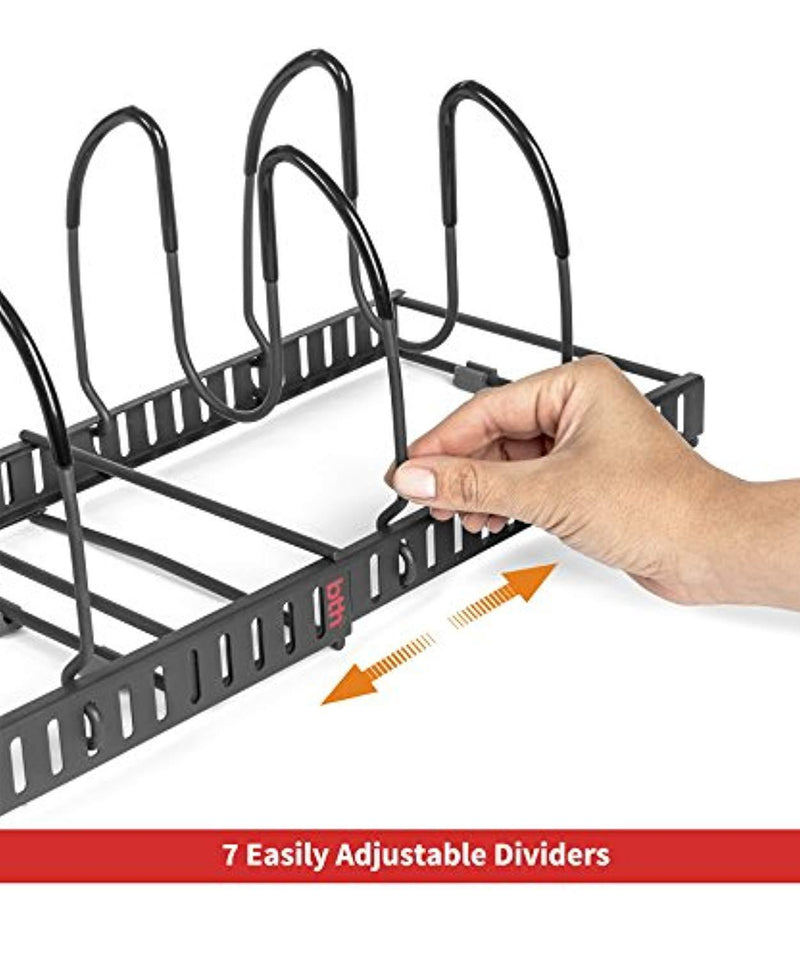 Totally Kitchen 7+ Pans - BetterThingsHome Expandable Pan Organizer Rack: Can Be Extended to 22.25", Total 7 Adjustable Compartments, Pantry Cupboard Bakeware Lid Plate Holder