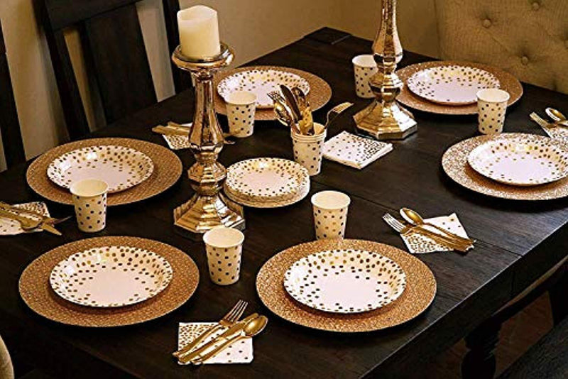 Gold Dot Disposable Paper Plates with Cups Set 150 PCS - Elegant paper Cups, Dinner and Dessert Plates for Bridal Shower, Baby Shower, Wedding, Anniversary, Birthday Any Party supplies for 50 Guest!!