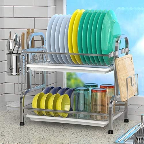 Miligore Dish Drying Rack, 2 Tier 304 Stainless Steel Dish Rack with Utensil Holder, Cutting Board Holder and Dish Drainer for Kitchen Counter, Silver