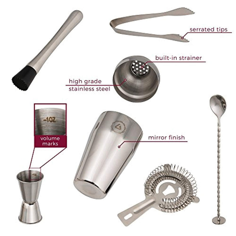 Complete Martini Shaker Set - 6 pcs Bar Set : Manhattan Cocktail Shaker with Strainer, Muddler, Double Jigger, Bar Spoon, Ice Tongs | Bonus eBook with Recipes | Mix Your Cocktails Like a Pro!