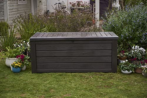 Keter Westwood 150 Gallon Resin Large Deck Box - Organization and Storage for Patio Furniture, Outdoor Cushions, Garden Tools and Pool Toys, Dark Grey
