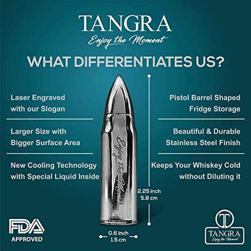 WHISKEY STONES EXTRA LARGE 6 LASER ENGRAVED STAINLESS STEEL BULLETS with Revolver Barrel Base. Reusable Chilling Rocks Stone Ice Cubes Chillers Cool Gift Set for Men Father Dad or Military by TANGRA