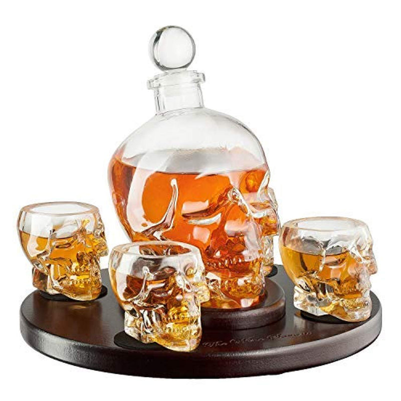 Guzzle Buddy Large Skull Face Decanter with 4 Skull Shot Glasses and Beautiful Wooden Base - By The Wine Savant Use Skull Head Cup For A Whiskey, Scotch and Vodka Shot Glass, 25 Ounce Decanter 3 Ounces Shot Glass