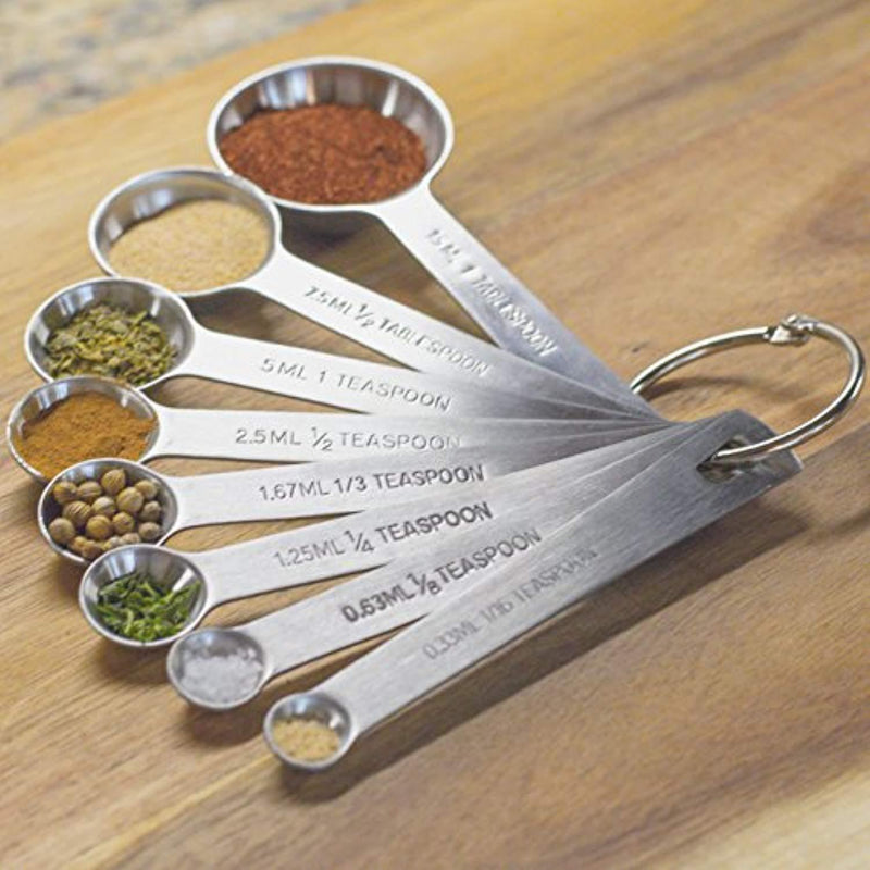 Natizo Set of 8 Stainless Steel Measuring Spoons - With 1/8, 1/3 and 1/16 Teaspoon, 1/2 Tablespoon - Metric and US Measurements - The Complete Set for Your Kitchen