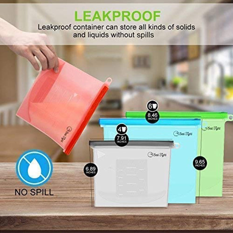 Reusable Silicone Food Grade Storage Bag Airtight Container Microwave Freeze Steam Boil Organic Vegan Lunch Snacks Cooking Veggie Meat Liquid 4 Pack 2 Medium 2 Large By Sealed Tight