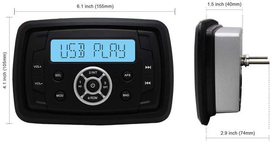 Marine Stereo Audio Radio FM AM Bluetooth Music with USB Input for ATV UTV RZR XP900 Motorcycle Boat Golf Cart Truck SPA Heavyduty Powersports Car MP3 Player Vehicles Headunit Sound System