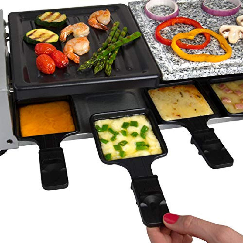 CucinaPro Dual Cheese Raclette Table Grill w Non-stick Grilling Plate and Cooking Stone- Deluxe 8 Person Electric Tabletop Cooker- Melt Cheese and Grill Meat and Vegetables at Once