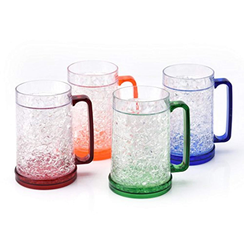 Double Wall Gel Freezer Beer Mug - Frosty Mugs Freezable Drinking Cups with Handle, Classic Style for Enjoying Beer, Juice, Soda at Parties, Outside Activity(Set of 4, Each for 15 oz)