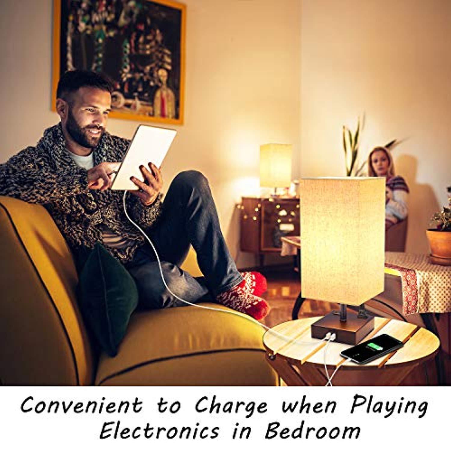 Touch Control Dimmable Table Lamp-Bedside Desk Lamp-Modern Nightstand Lamp for Bedroom Living Room Office with Two USB Charging Ports, Two AC Outlets,Dimmable Vintage 60W Equivalent LED Bulb Included