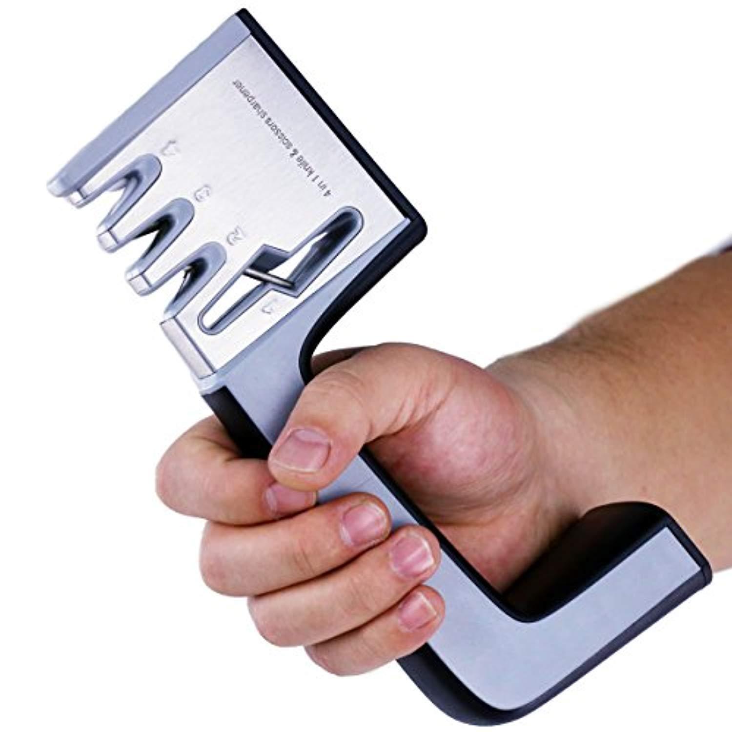Knife and Scissor Sharpener Best Professional Manual Home Kitchen Chefs Choice 4 Stage Sharpening System Kit Global Sharpeners Set for Pocket Straight and Serrated Knives