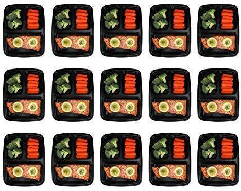 CulinWare Meal Prep Containers [15 Pack] 3 Compartment with Lids, Food Containers, Lunch Box | BPA Free | Stackable | Bento Box, Microwave/Dishwasher/Freezer Safe, Portion Control, 21 day fix (32 oz)