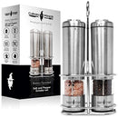 Battery operated Salt and Pepper Grinder set - 2 Electric pepper mill grinders - Stainless Steel - Carry Stand - LED light - Adjustable Coarseness - Automatic salt n pepper shakers by Culinary Wizards