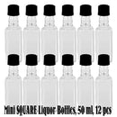 Mini SQUARE Plastic Alcohol 50ml Liquor Bottle Shots + Caps (12)