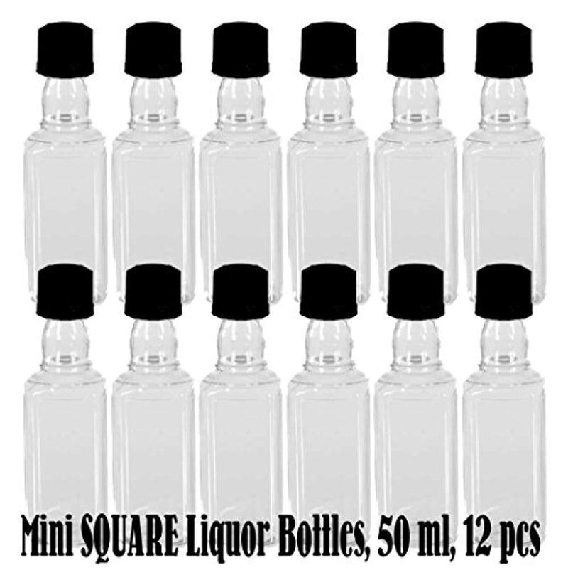 Mini SQUARE Plastic Alcohol 50ml Liquor Bottle Shots + Caps (12)