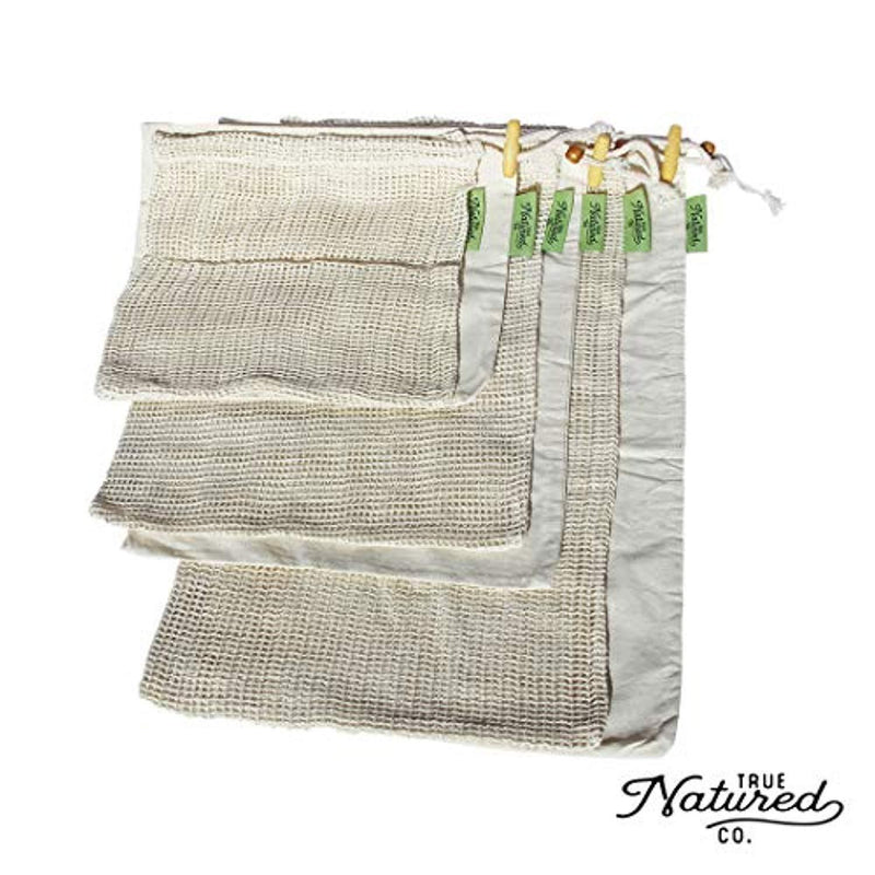 Reusable Produce Bags for Grocery Shopping - (7) Zero Waste Washable Cotton Bulk Food & Mesh Produce Bags w/Drawstring