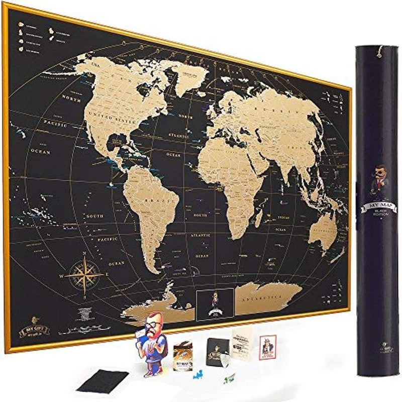 MyMap Gold Scratch Off World Map Wall Poster with US States, 35x25 inches, Includes Pins, Buttons and Scratcher, Glossy Finish, Black with Vibrant Colors