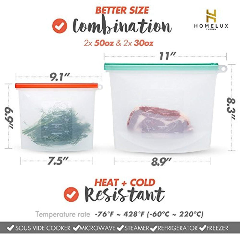 HOMELUX Reusable Silicone Food Storage Bags | Sandwich, Sous Vide, Liquid, Snack, Lunch, Fruit, Freezer Airtight Seal | BEST for preserving and cooking | UPGRADED HCZE - 2 Large & 2 small