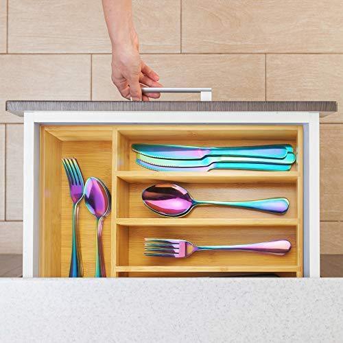 KaryHome  24-Piece Silverware  Set, Flatware Set Mirror Polished, Dishwasher Safe Service for 4, Include Knife/Fork/Spoon with Bamboo 5-Compartment Silverware Drawer Organizer Box