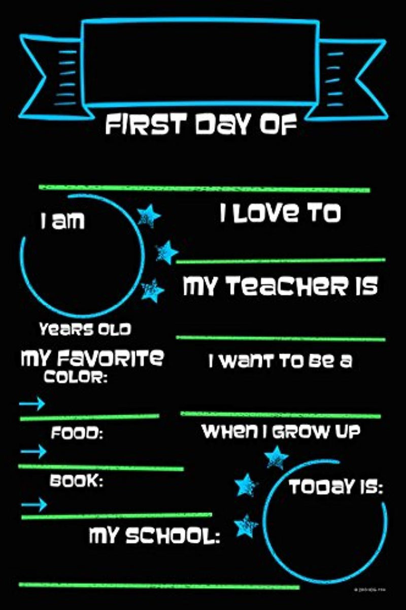Honey Dew Gifts Large First Day of School Blue and Green Chalkboard Style Photo Prop Tin Sign 12 x 18 inch - Reusable Easy Clean Back to School, Customizable with Liquid Chalk Markers (Not Included)