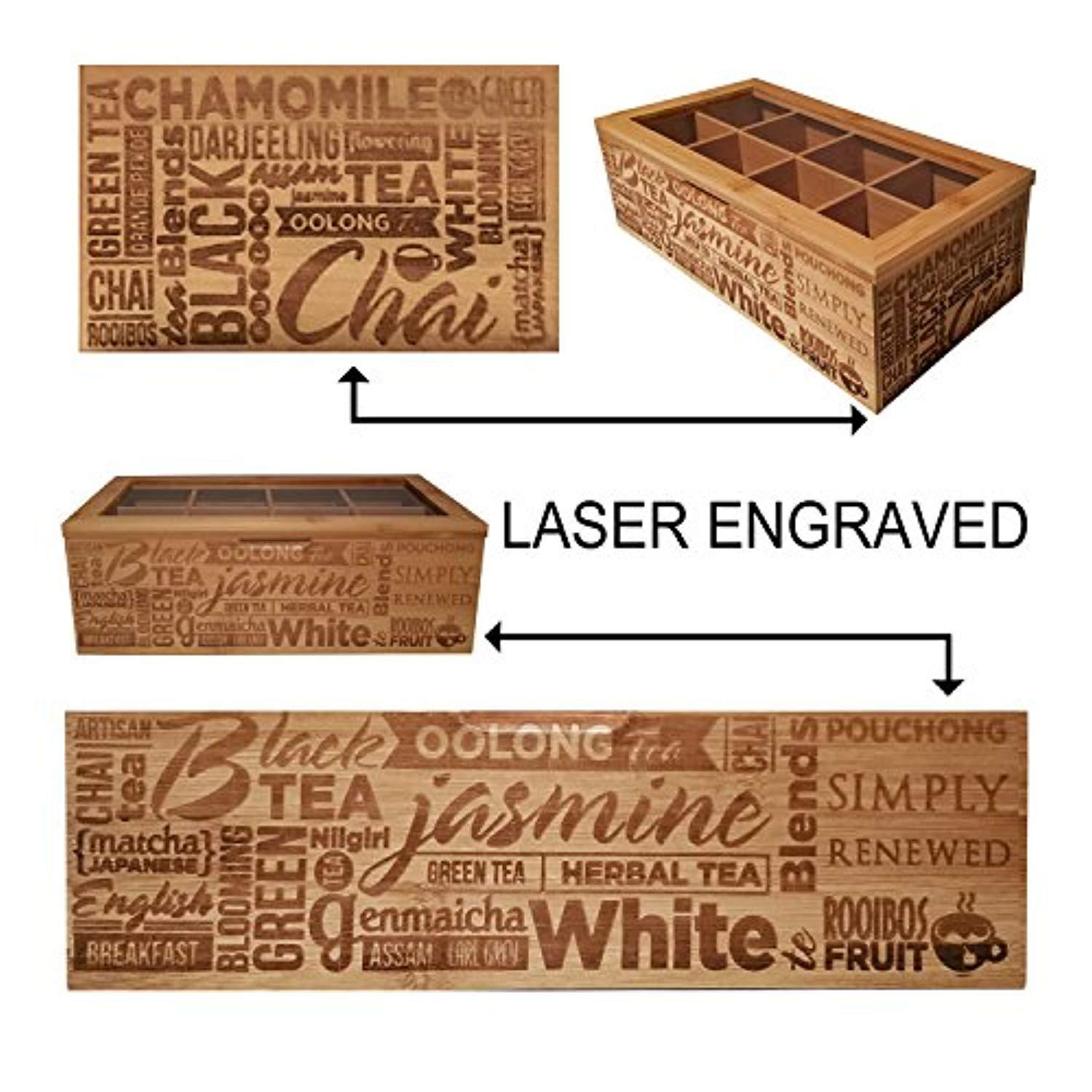 Simply Renewed Tea Box Organizer Chest Decorative Tea Bag Storage Container Bamboo 8 Compartment Box with Magnetic Closure and Ergonomic Front Handle Perfect for Organizing Your Tea Bags