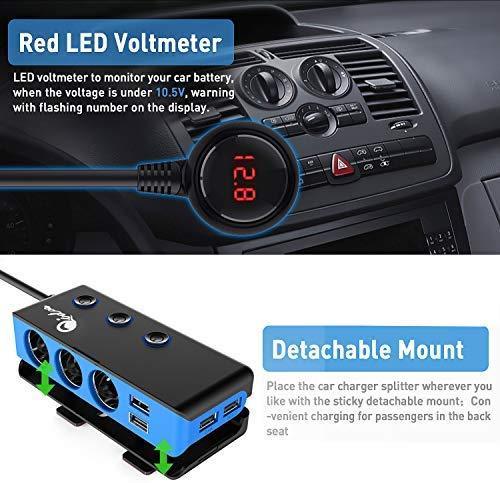 3-Socket Cigarette Lighter Quick Charge 3.0, Qidoe 120W 12V/24V Car Splitter and Three 2.4A USB Car Charger & LED Voltmeter Power Switch for GPS, Dash Cam, Sat Nav, Phone, iPad, Tablet (Blue)