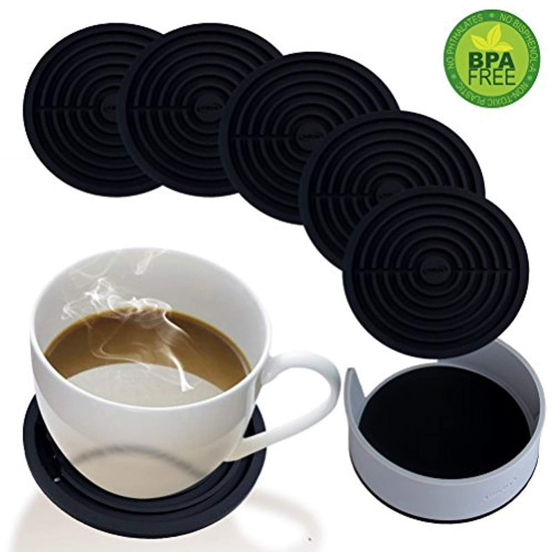 HL HLPPCCoasters for Drinks Silicone Coaster with Holder - Set of 6 Round Absorbent Coaster - Large 4 inch Art Car Bar Tea Coffee Table Mug Beer Bottle Beverages for Wine Glass Black Rubber Cup Mat