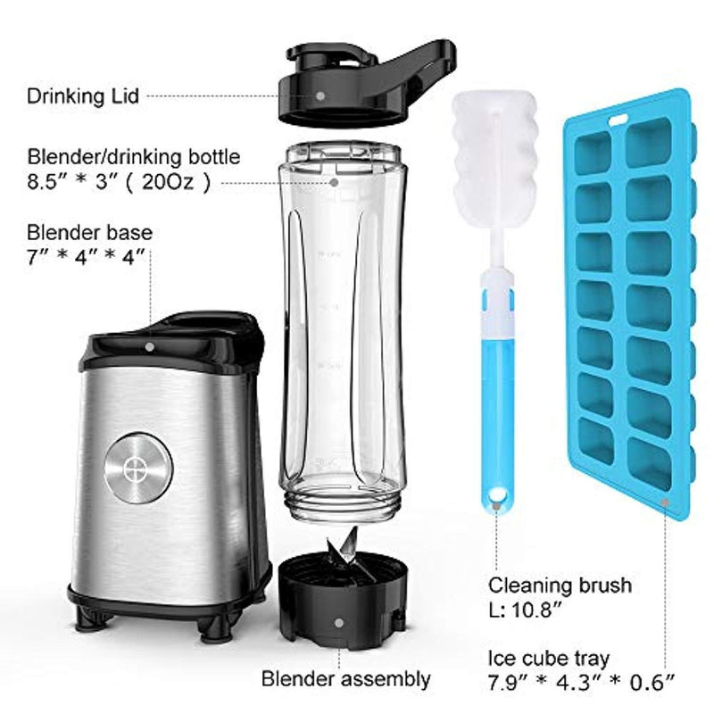 Personal Blender for Shakes and Smoothies - Powerful Drink Mixer with 20 Oz To Go Bottle, Single Use Juicer with Easy One Touch Operation, Great for Sports, Travel, Gym and Office (with Silicone Ice Cube Tray & Bottle Brush)