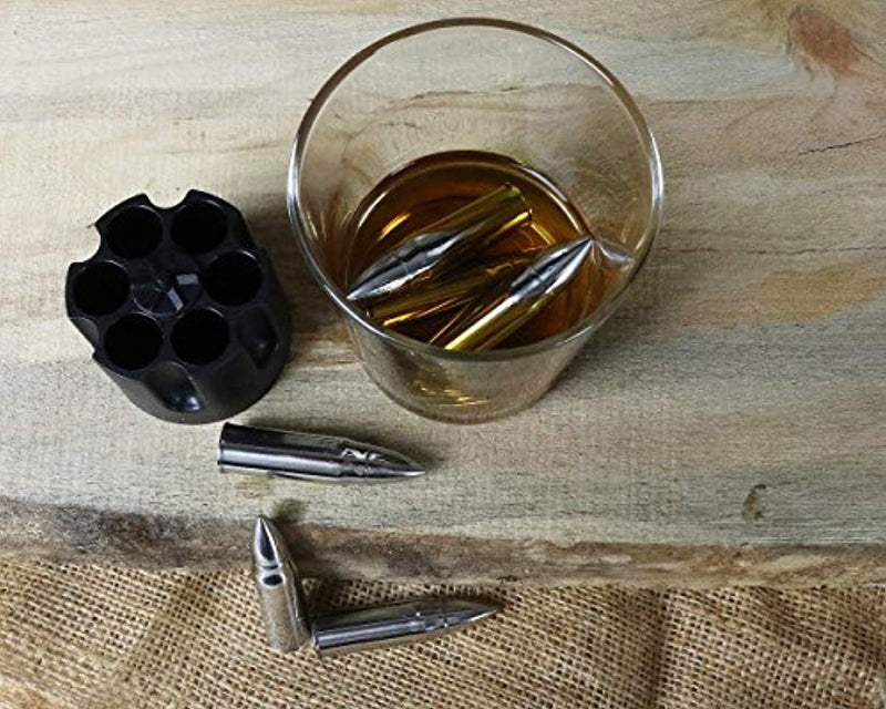 WHISKEY BULLET STONES WITH BASE - XL, 2.5" Original Extra Large Bullet-Shaped Whiskey Chillers, Unique Revolver Freezer Base, Set of 6, Gift for Whisky, Bourbon, Scotch Lovers, Groomsmen, Military